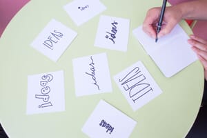 Multiple notecards with the word "IDEAS" in different fonts to signify brainstorming, which is very important for video production.